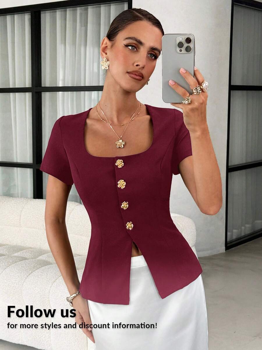 Lavishia 女士方领金属花朵纽扣背心，时尚优雅夏季女装度假休闲商务休闲可爱夏季女式衬衫 - 酒紅色 - 查看 1