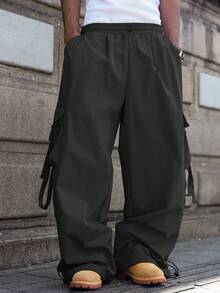 PAVTROS Manfinity Streetrush Men's Fashionable Versatile Solid Color Cargo Pants, For Fall - Black - View 3