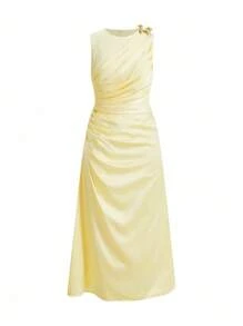 SHEIN x PRISCILA & JIMENA MOTF PREMIUM ELEGANT BUTTERFLY DECOR FOLD PLEATED MIDI DRESS, SUITABLE FOR DATES AND EVERYDAY WEAR - Yellow - View 1