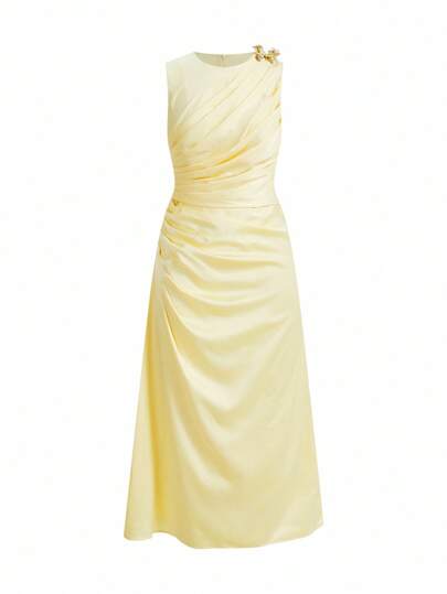 SHEIN x PRISCILA & JIMENA MOTF PREMIUM ELEGANT BUTTERFLY DECOR FOLD PLEATED MIDI DRESS, SUITABLE FOR DATES AND EVERYDAY WEAR