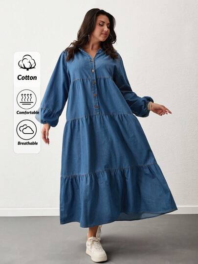 EURMUSE Plus Size Frill Detailed Button Front Dress