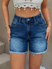 EURMUSE Summer Casual Washed Denim Frayed Hem Shorts - Medium Wash - View 3