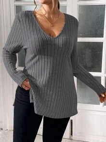 SHEIN Essnce 加大码女式秋季长袖 T 恤，长袖 T 恤，长袖女式上衣，冬季服装，高个子女式，女式开叉上衣，冬季上衣，圣诞衬衫，秋季服装，秋季女式上衣，针织衬衫，秋季衬衫，长袖女式 - 深灰色 - 查看 4