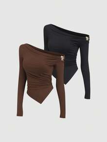 Sweetra Áo thun nữ Y2K cổ lệch gợi cảm khóa kim loại, đa năng khi đi làm, Thu/Đông - Nhiều màu - Xem 1