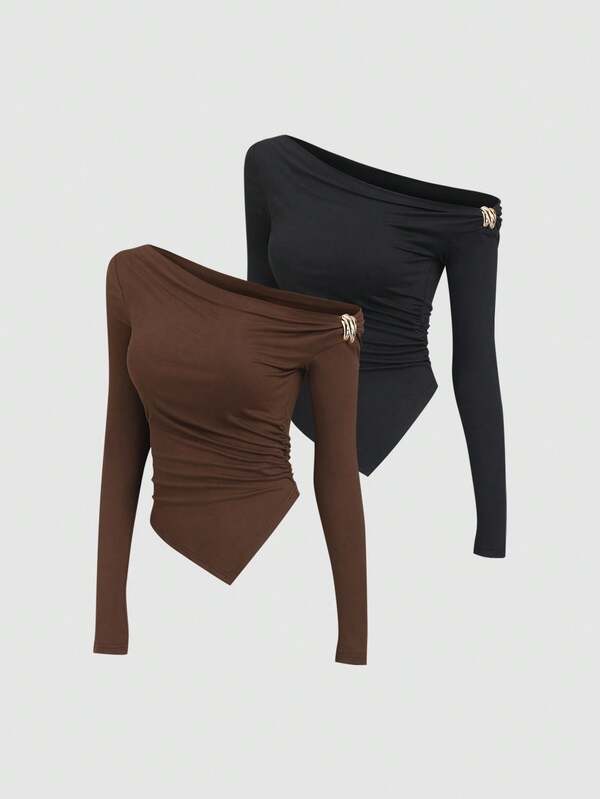 Sweetra Women's Y2K Sexy Asymmetrical Neck Metal Buckle T-Shirt, Versatile For Commuting, Autumn/Winter