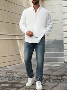 Manfinity Homme Camicia casual ampia e comoda da uomo, tinta unita, manica lunga, adatta all'autunno, taglie comode - Bianco - Visualizzare 5