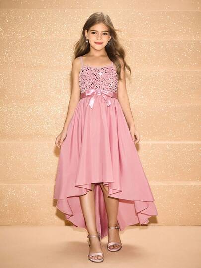 Flower Girl & Big Girl Sequin Strap Asymmetrical Hem Mid-Length Dress,Dusty Pink,Summer,Elegant,Wedding Guest,Wedding,Christmas,Performance,Party