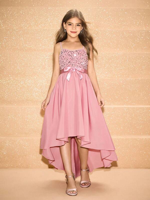 Flower Girl & Big Girl Sequin Strap Asymmetrical Hem Mid-Length Dress,Dusty Pink,Summer,Elegant,Wedding Guest,Wedding,Christmas,Performance,Party