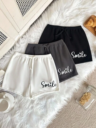 SHEIN 3件套女童宽松休闲字母印花松紧腰短裤