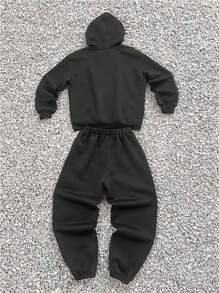 SHEIN 2 件套宽松卡通熊印花连帽运动衫和休闲裤，适合青少年男孩，夏季 - 黑色 - 查看 2