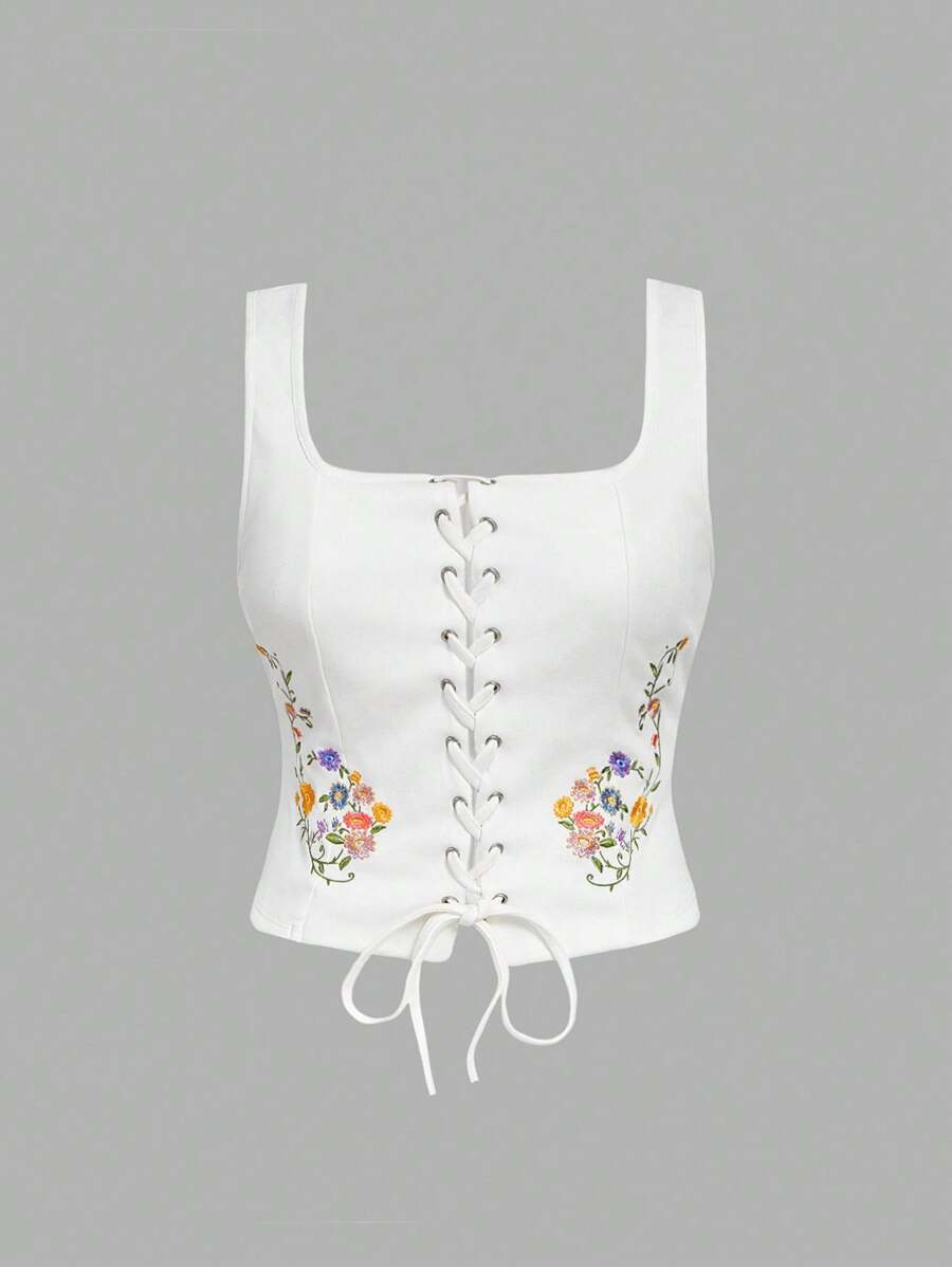 SHEIN MOD Plus Size Women Floral Embroidered Lace Up Tank Top, Boho Style Top, Music Festival, Country Vacation Crop Top, Autumn/Winter