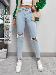 EURMUSE Petite HIGH RISE RIPPED MOM JEAN LIGHT BLUE ,Petite Women - Light Wash - View 2
