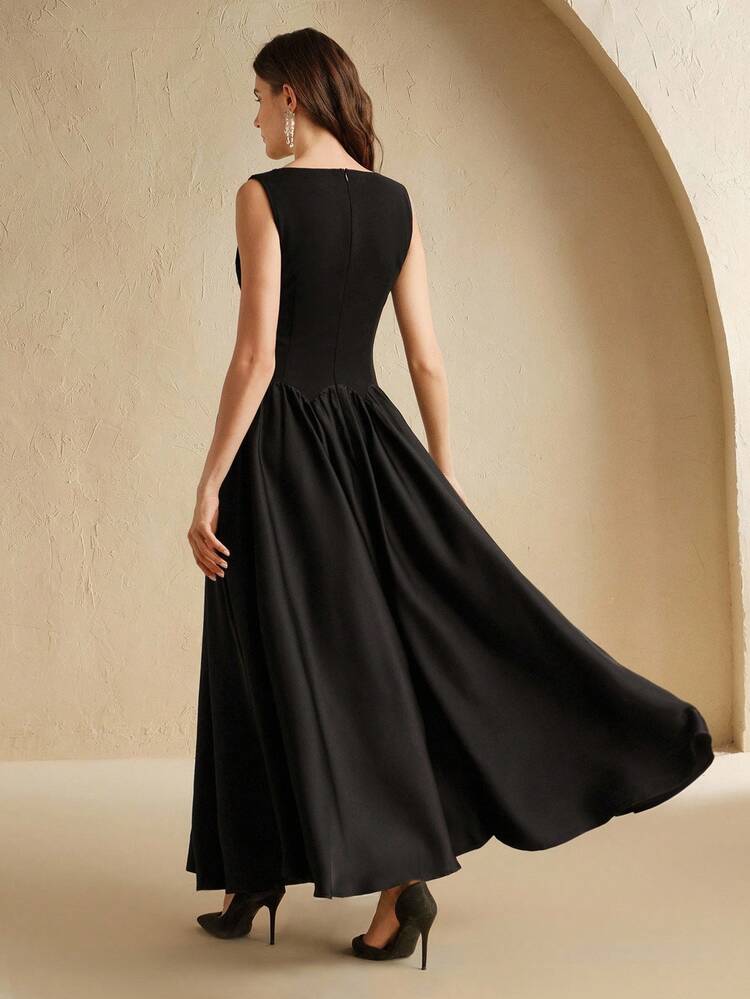 Women's Elegant Date Night Dress, Knit & Woven Patchwork, Black Sequin Embroidery & Bubble Sequins Rhinestone Decor Short Sleeve A-Line Maxi Dress, Autumn