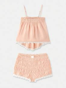 lacRébo Pink Shirred Shorts And Cami Top Pyjama Set With Lace Trim Pink Pyjama Set - Orange - View 7