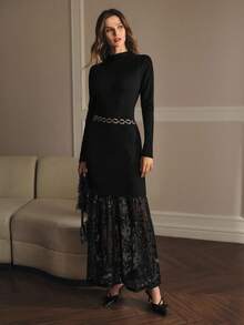 MOTF PREMIUM Vestido ajustado sin cinturón con cuello alto, contraste de lentejuelas, malla transparente y volante en el bajo - Negro - Ver 2
