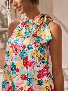 Glamance Yin Creative Studio Women's Elegant Floral Print Halter Neck Blouse, Summer Off The Shoulder Country Outfits Women Casual - Multicolor - View 4