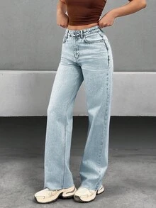 SHEIN Cottnline High Waist Straight Leg Woman Denim Jean Women's Outfits Work Outfits For Women Women's Women's Set Women's Clothes Women Summer Clothing Women's Bottoms Women's Summer Clothes - Light Wash - View 6