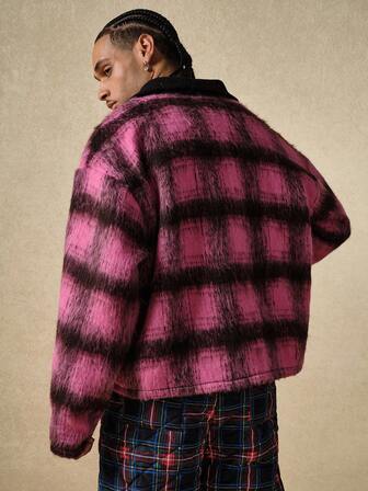 Street Life Men's Plaid Woolen Zip-Up Loose Overcoat , Fall Winter