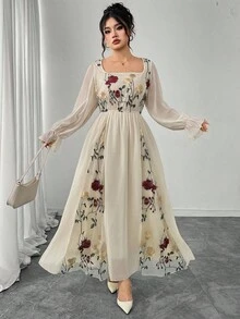 Modelyn 优雅花卉刺绣网眼拼布大码女式连衣裙 - 杏色 - 查看 5