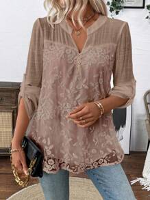 EMERY ROSE Embroidered Chiffon Casual Loose Long Sleeve Shirt Fall Cloth For Women - Dusty Pink - View 6