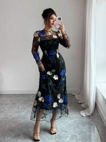 Elenzga 女士优雅时尚通勤休闲舒适迷人复古派对假日修身网眼 3D 刺绣花裙（随机印花） - 黑色 - 查看 4