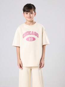SUMWON Cozy Chicago Collection Two Piece Outfit Matching Unisex Kids Wear Set With Relaxed T Shirt And Wide Leg Pants For Autumn Winter Wear - Apricot - View 3