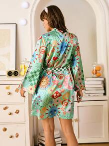 秋季女士缎面太阳脸月亮心印花长袍 - 綠色 - 查看 2