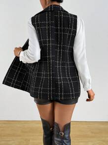 Chiquease Winter Coat Fall Clothes For Women Old Money Outfits Women Tweed Sleeveless Thin Jacket With Suit Collar Design For Women. Classic Plaid Texture. Vest Style For A Neat And Slim Look. - Black - View 2
