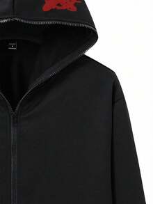 Manfinity EMRG 男士时尚印花不对称连帽衫，秋季 - 黑色 - 查看 5