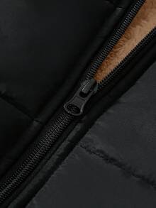 SHEIN 青少年女孩纯色长袖拉链连帽羊毛休闲冬季夹克 - 棕色 - 查看 3