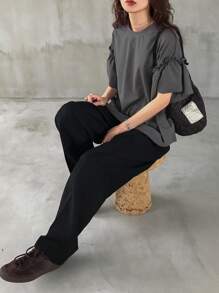 FRIFUL 女士宽松休闲纯色盖袖T恤，夏季，褶边