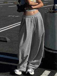 DAZY 女士纯色宽松褶皱运动裤，休闲运动裤，保暖内衬，厚款，适合秋冬季女士慢跑裤 - 淺灰色 - 查看 7