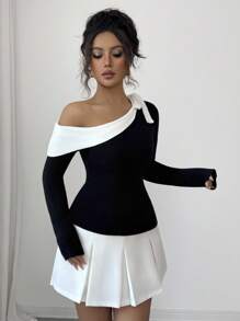 Elenzga 女式撞色拼布不对称领修身毛衣 - 黑色 - 查看 4