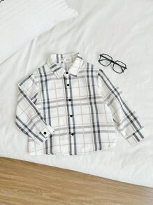 SHEIN 1 件年轻男孩休闲格子领长袖衬衫，舒适、时尚、百搭纽扣衬衫，学院风上衣，返校装，年轻男孩服装，适合开学第一天、日常穿着、户外、运动、春季、秋季和冬季 - 彩色 - 查看 5