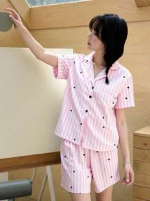 2 件套青少年女孩黑色爱心和粉白条纹短袖上衣和短裤休闲舒适睡衣套装睡衣短裤套装返校时尚