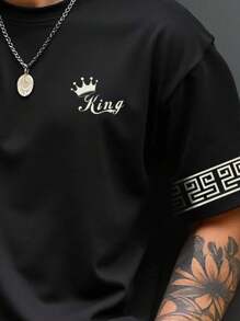 Manfinity Roughcore 大码男士时尚字母和花卉印花短袖 T 恤，休闲 T 恤，简约百搭，是送给男朋友或家人的绝佳礼物 - 彩色 - 查看 4