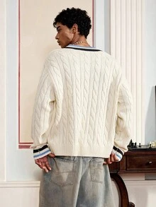 SWAVVY 男士时尚 V 领长袖条纹麻花图案休闲毛衣，麻花针织，秋冬 - 白色 - 查看 2
