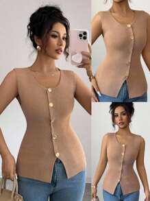 Elenzga Women's Sleeveless Thin Knit Cardigan, High-End Stylish Metal Button Sweater - Camel - View 1