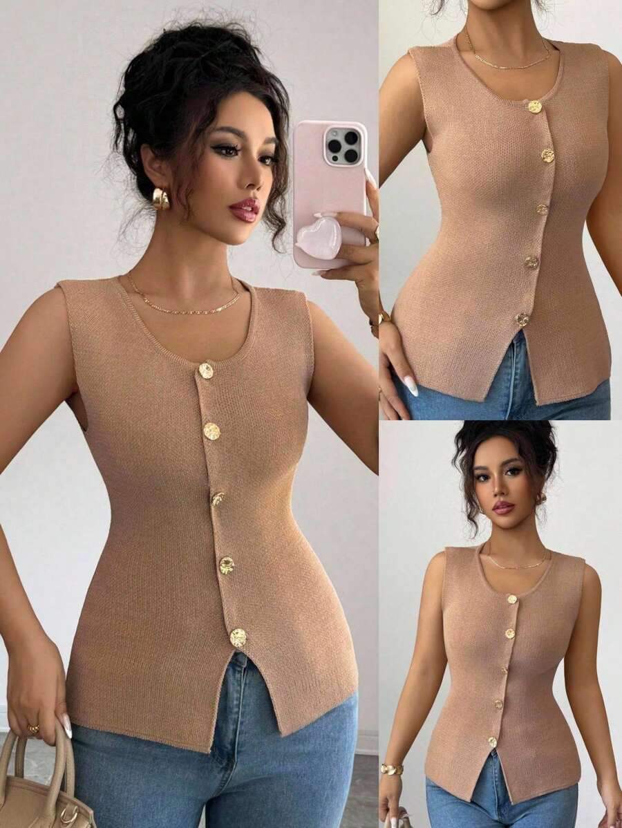 Elenzga Women's Sleeveless Thin Knit Cardigan, High-End Stylish Metal Button Sweater - Camel - View 1