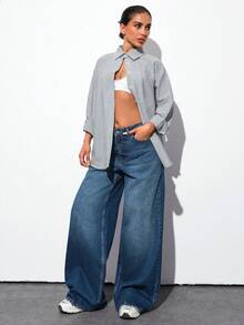EURMUSE Pantalón vaquero de cintura media con detalles lavados y pierna ancha - Azul lavado oscuro - Ver 7