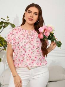 Reflora Damen Große Größen Sommer Bluse mit Blume Muster und Rüschenärmeln, locker und lässig