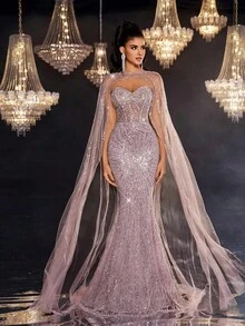 Glamrae Elegant Luxurious Beaded & Sequin Floral Detachable Jacket & Mermaid Skirt, Suitable For Wedding, Party, Vacation, Prom, Evening Gown (Heavy Embellished) - Dusty Pink - View 8