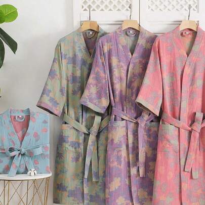 SHEIN 1件 复古图案浴袍 粉色/紫色/蓝色/绿色 纯棉纱布浴袍 纯棉纱布浴袍 夏季浴袍 吸水速干 女士浴袍 可穿戴浴巾 春夏睡衣 双层纱布 粉色/紫色/蓝色/绿色 浴室用品 家居用品