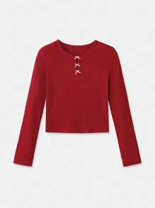 lacRébo Red Fitted Long Sleeve Top With Mini Pink Satin Bows And Open Chest Detail Fall Women Clothes Top Spring Summer  New Year Top - Red - View 7