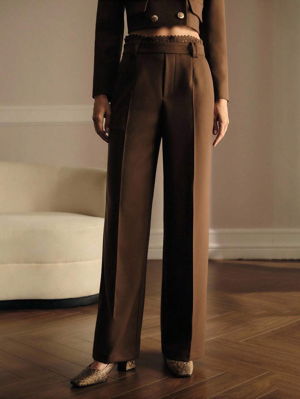 CONTRAST LACE PRESS CREASE SUIT PANTS, FALL WINTER