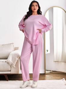 EURMUSE Tuta casual oversize composta da felpa e pantaloni, adatta per uso quotidiano - Rosa antico - Visualizzare 3