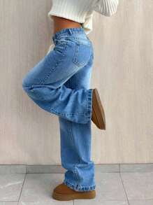 SHEIN Tall 高腰休闲宽松直筒牛仔裤 - 中等水洗藍 - 查看 6