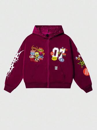 Street Life Felpa oversize corta da uomo con decorazioni in paillettes luccicanti, abbigliamento casual da strada