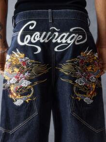 ROMWE MEN Anime Men's Denim Letter Dragon Embroidery Loose Fit Casual Shorts - Blue - View 4