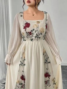 Modelyn 优雅花卉刺绣网眼拼布大码女式连衣裙 - 杏色 - 查看 7